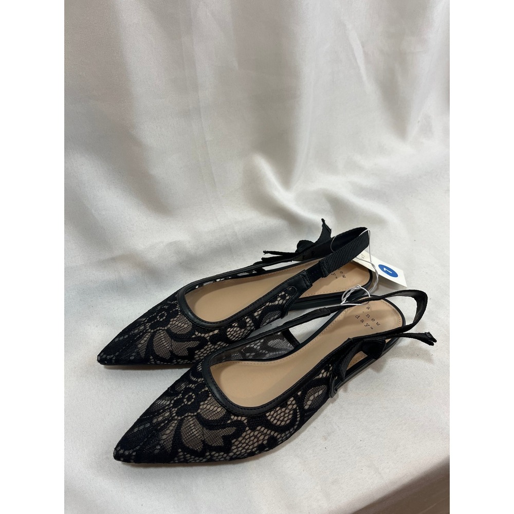 A New Day Black Lace Slingback Pointed Toe Flats with Bow Detail Women 7